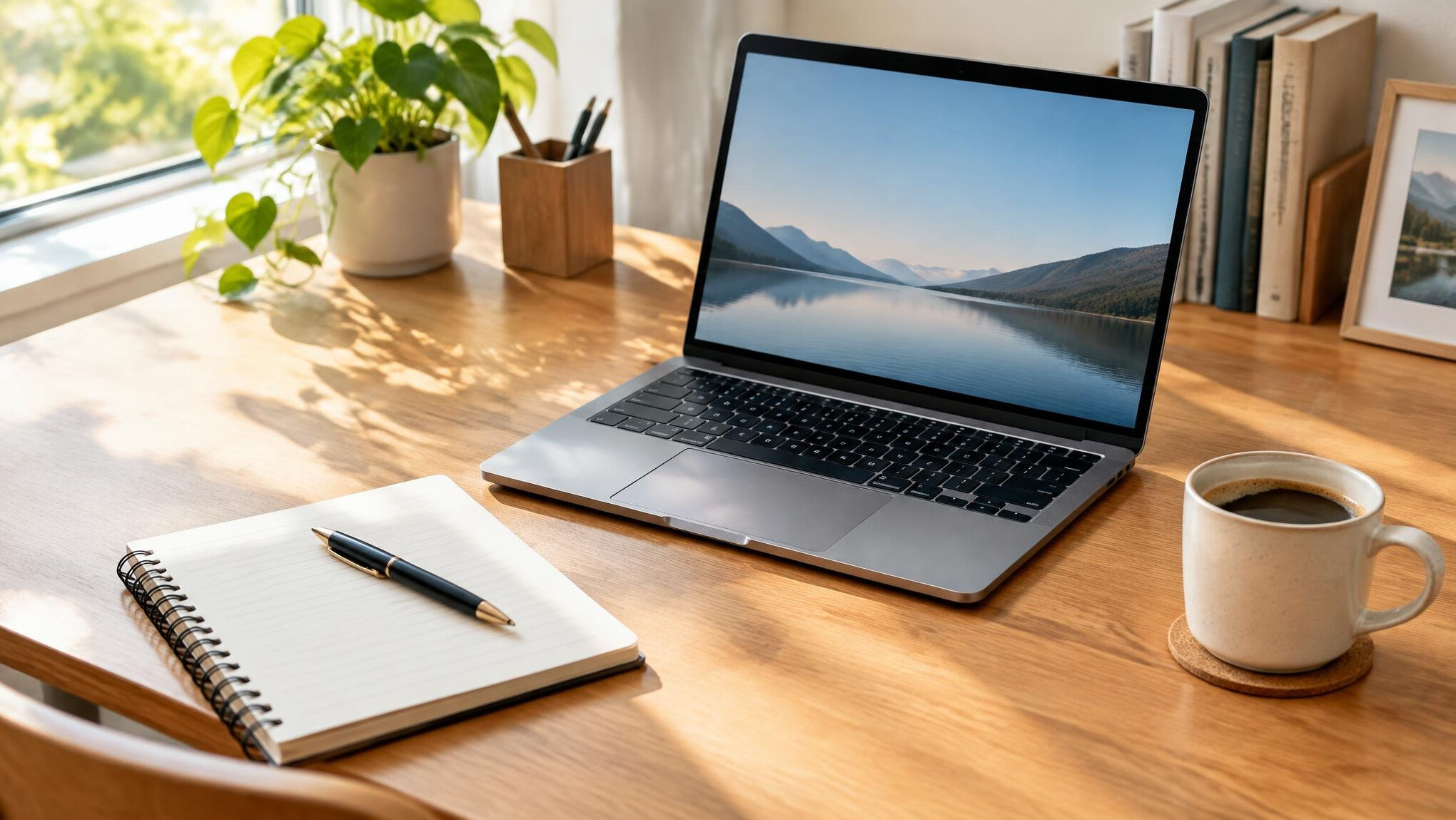 Desk with laptop and notebook for browsing a specialist directory