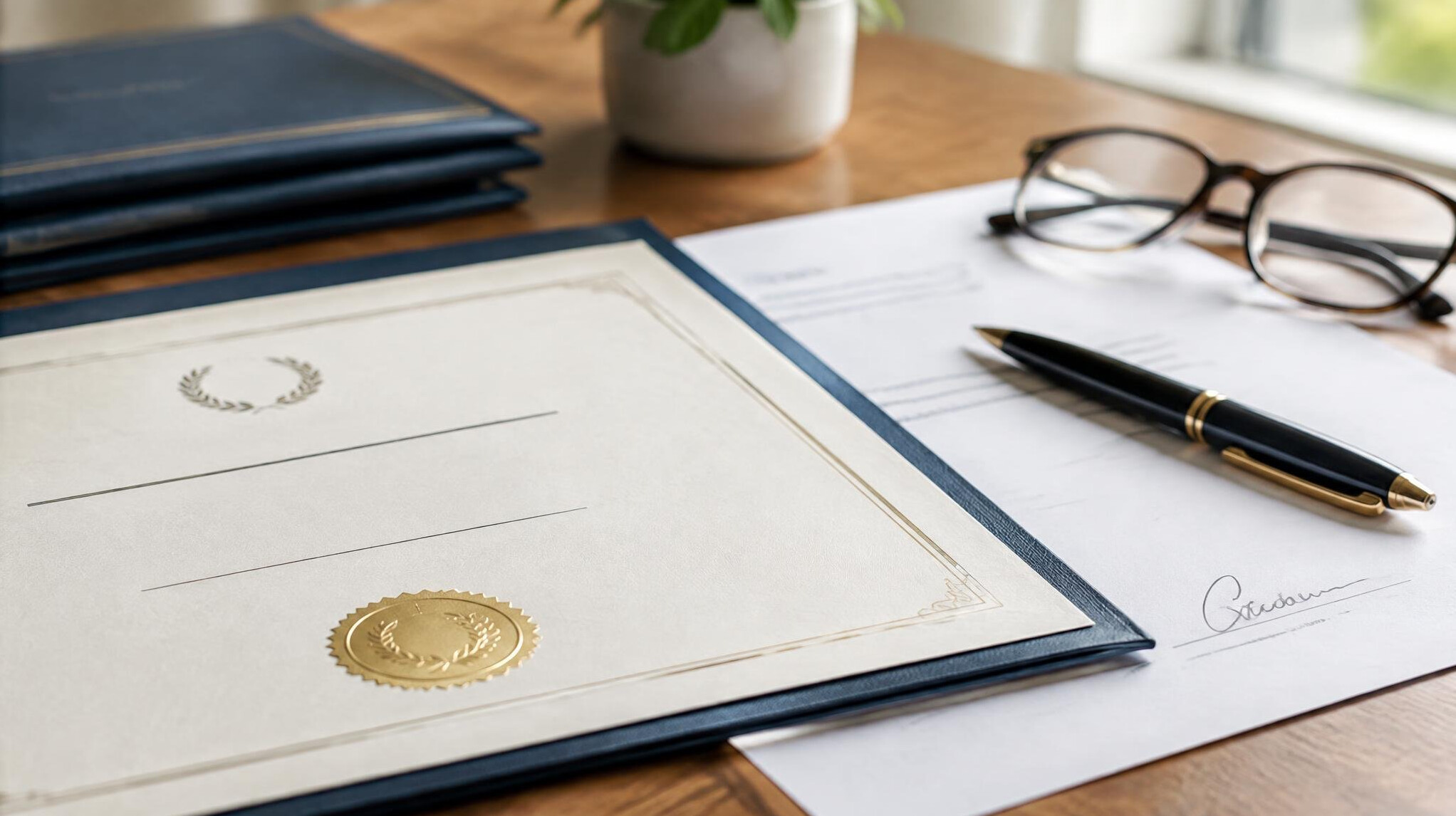 Documents and credentials being reviewed on a desk with a pen