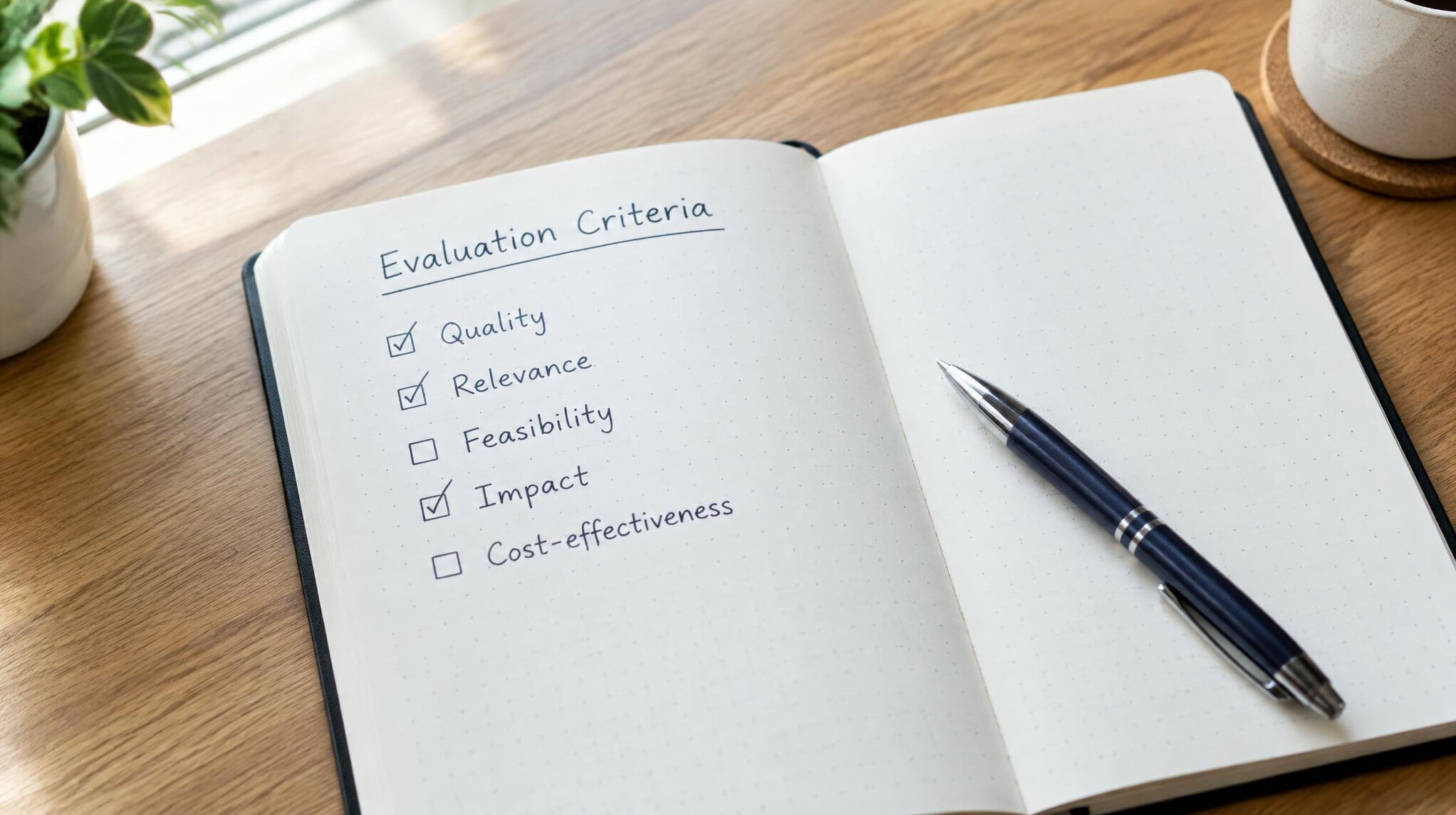 Handwritten notes and criteria checklist in a notebook