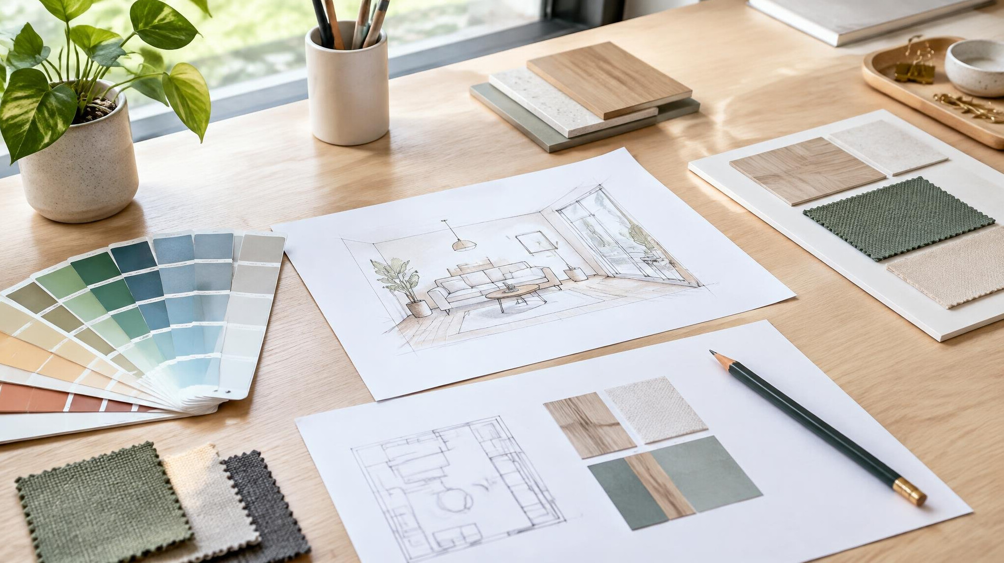 Designer workspace with materials arranged with care