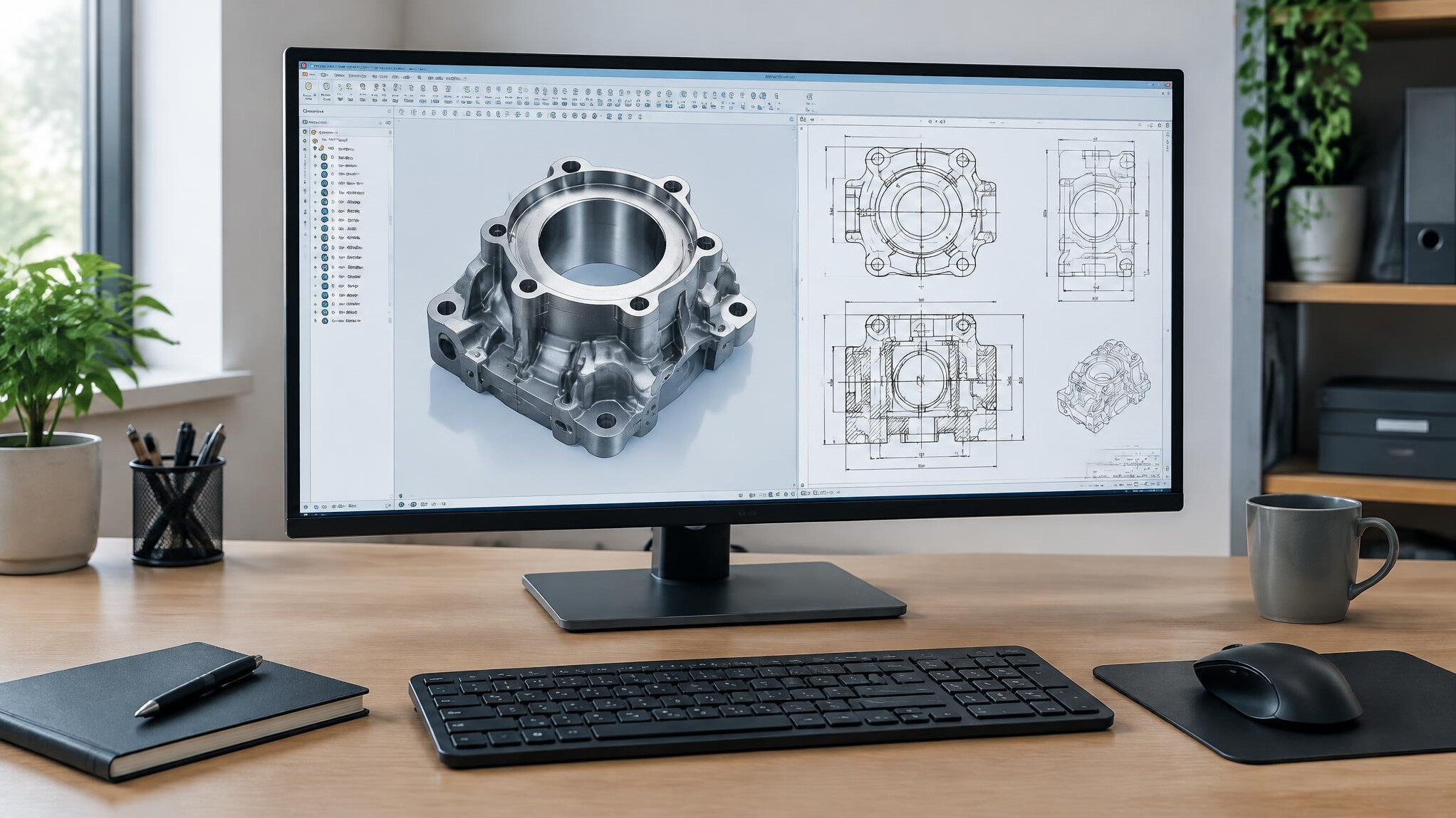 Monitor with technical work displayed in a calm workspace