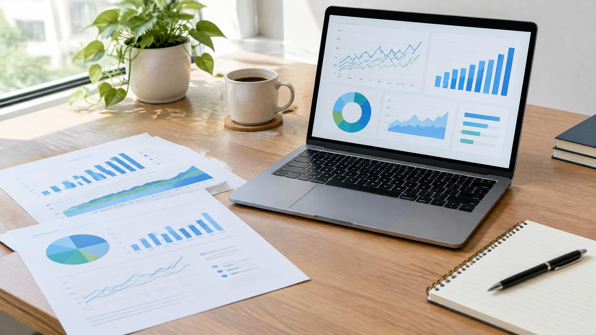 Laptop with analysis charts and notes on a desk for quality review