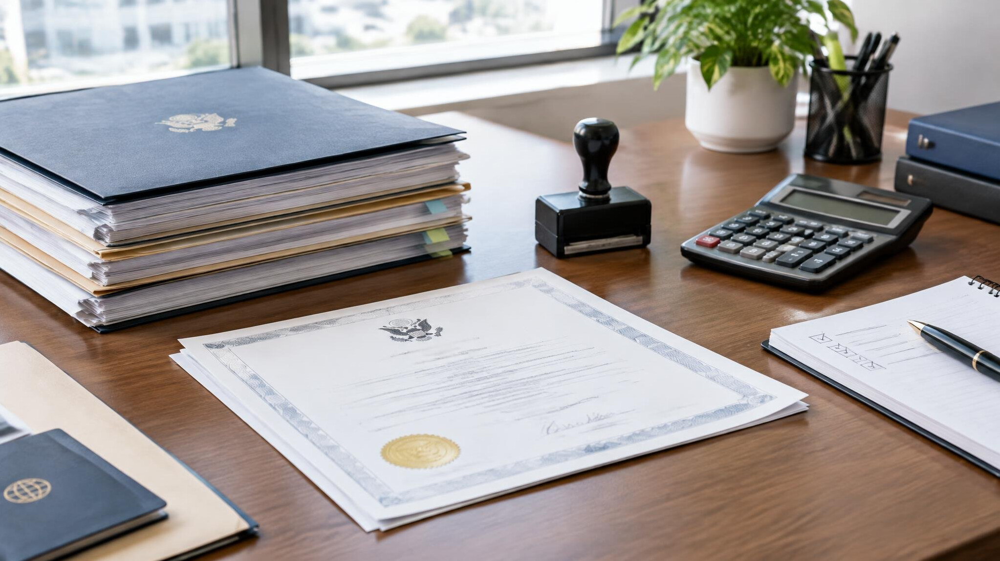 Credential verification with documents, calculator and notes on a desk
