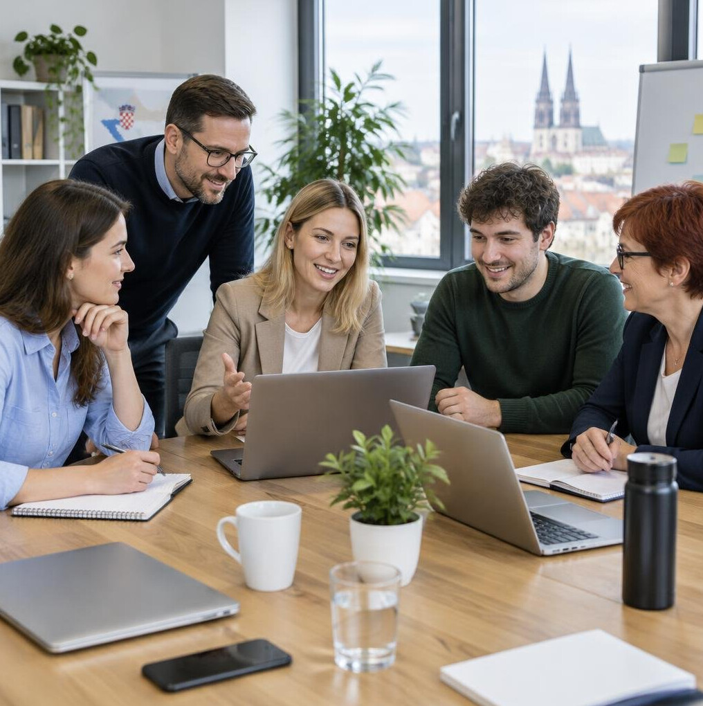 Team of professionals collaborating around a table with laptops